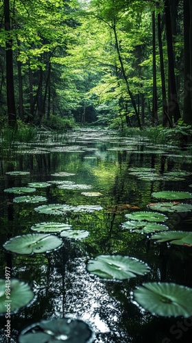 Serene pond with lily pads and reeds