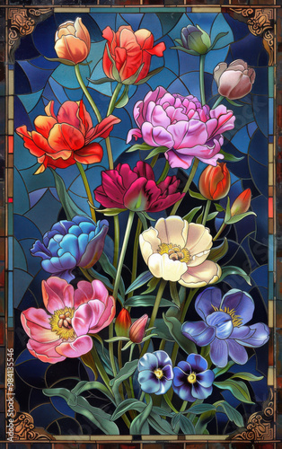 Vivid Victorian Stained Glass Florals: High-Contrast Gouache Chromolithography Illustration from 1845-1895, Clean Vector Art, Centered with 50% Margin photo