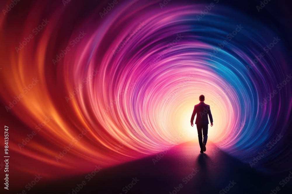 Person walking through a colorful tunnel of swirling ideas, heading toward a bright future, innovation path, business journey Person walking through a colorful tunnel of swirling ideas, heading toward a bright future, innovation path, business journey
