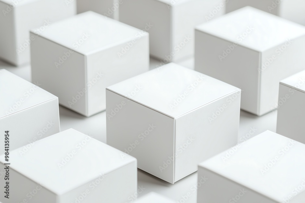 Uniform white boxes arranged in a symmetrical grid pattern Uniform white boxes arranged in a symmetrical grid pattern