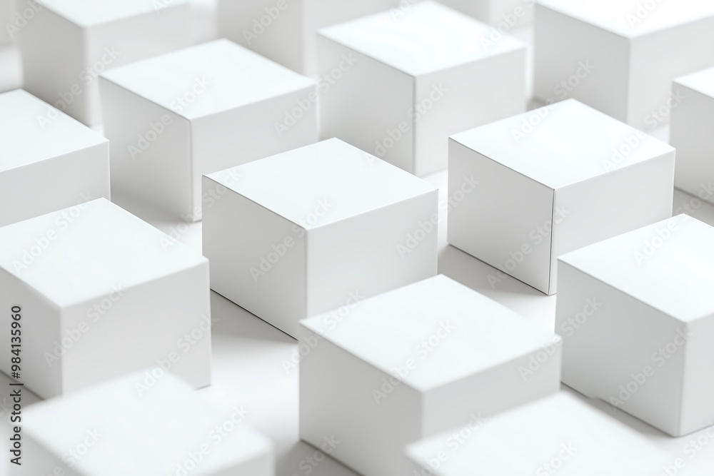 Uniform white boxes arranged in a symmetrical grid pattern Uniform white boxes arranged in a symmetrical grid pattern
