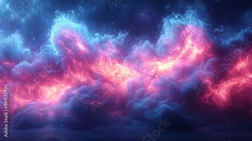 Vibrant neon light streaks in electric blue and pink cutting through a soft, floating cloud,