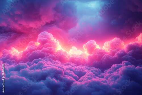 Glowing neon light streaks in vibrant red and purple streaming through a floating cloud,