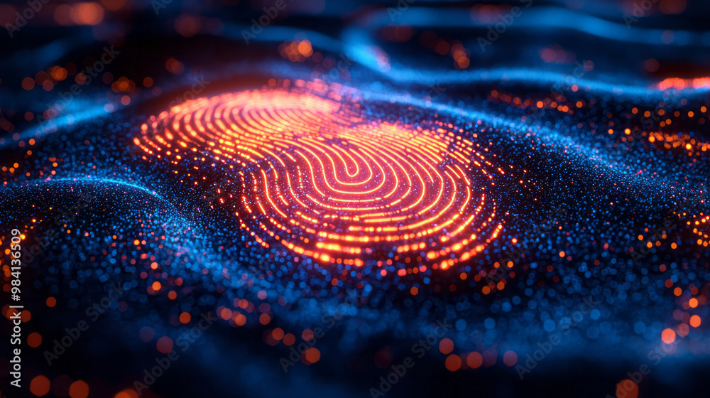 A radiant fingerprint pattern in neon blue and orange, A radiant fingerprint pattern in neon blue and orange,