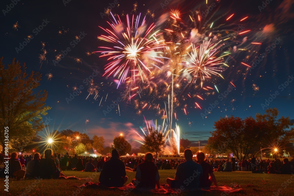 Fireworks Display Over Park with Families Celebrating Veterans Day, Vibrant Night Sky Fireworks Fireworks Display Over Park with Families Celebrating Veterans Day, Vibrant Night Sky Fireworks