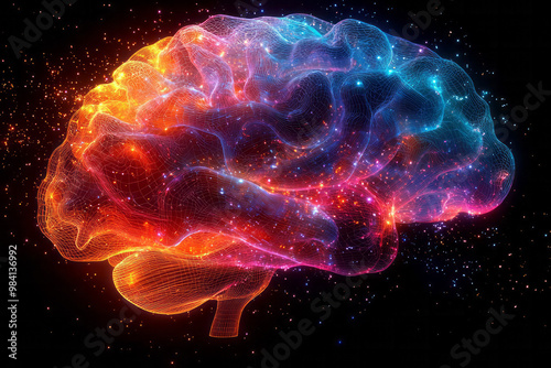 Abstract wireframe brain in vibrant rainbow colors,