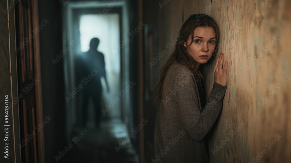 Woman in Narrow Hallway Showing Fear and Suspicion with Silhouette in Background Concept of Suspense, Anxiety, and Mystery Woman in Narrow Hallway Showing Fear and Suspicion with Silhouette in Background Concept of Suspense, Anxiety, and Mystery