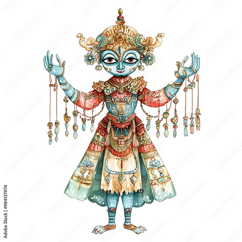 Obraz premium Watercolor Illustration of a Hindu Deity in Traditional Garb.