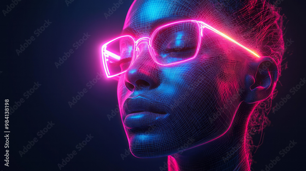 A wireframe human head with sharp geometric lines in neon colors,