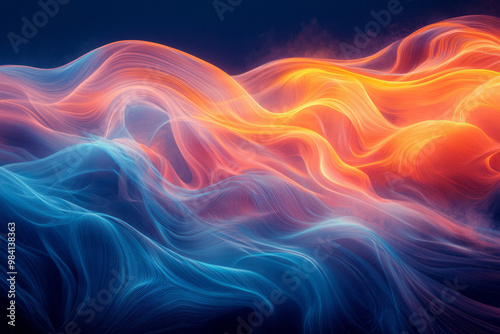 Dynamic neon waves in vibrant blue and orange flowing across the composition,