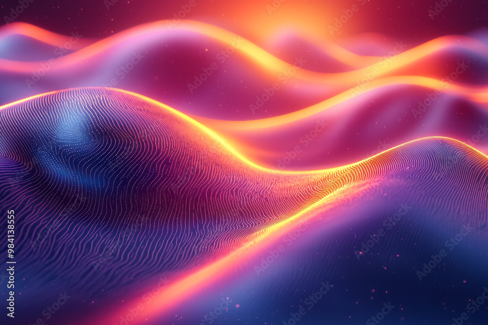 Abstract neon light waves in bold orange and purple curving and twisting through the scene, Abstract neon light waves in bold orange and purple curving and twisting through the scene,