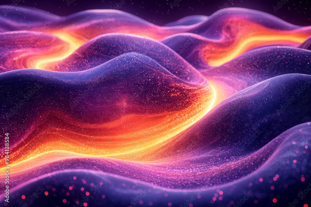 Abstract neon light waves in bold orange and purple curving and twisting through the scene, Abstract neon light waves in bold orange and purple curving and twisting through the scene,
