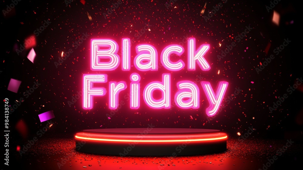 Neon Black Friday Sale sign in dark lights with a glowing platform. Podium stand for promotions