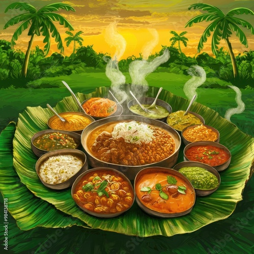 Kerala meals in leaf with different curry
