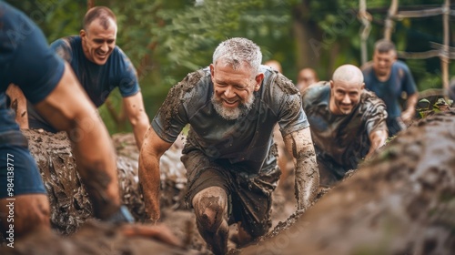 Team Building Adventure: Middle-Aged Men Conquering Muddy Obstacle Course Together