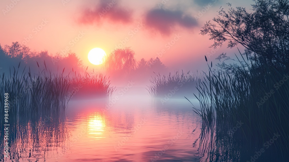 Obraz premium Sunrise over a tranquil wetland with tall reeds