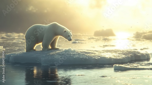 polar bear on melting ice floe in arctic sea photo