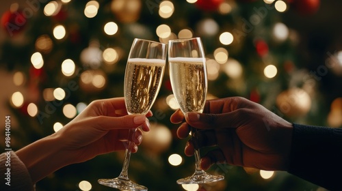 Man and woman holding champagne flutes, clinking in celebratory toast against blurred background of Christmas tree and warm lights.