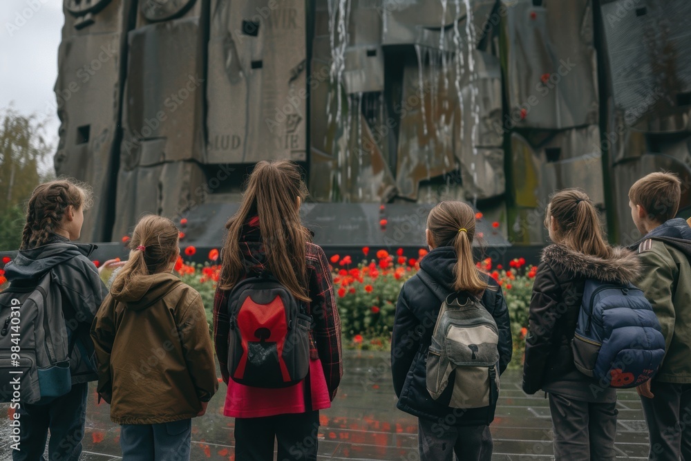 Fototapeta premium Schoolchildren Honoring War Memorial with Poppies on Armistice Day - Educational Activity