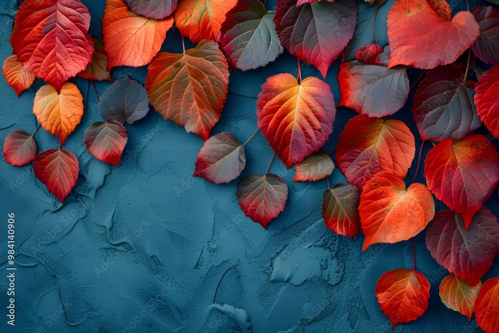Autumn Red Leaves on Blue Textured Background - Nature Decor, Seasonal Design for Print, Poster, Wallpaper Autumn Red Leaves on Blue Textured Background - Nature Decor, Seasonal Design for Print, Poster, Wallpaper