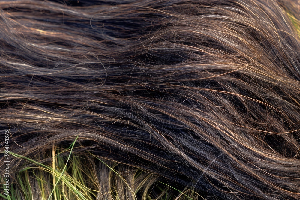 Fototapeta premium Dark brown hair with smooth, glossy strands in close-up