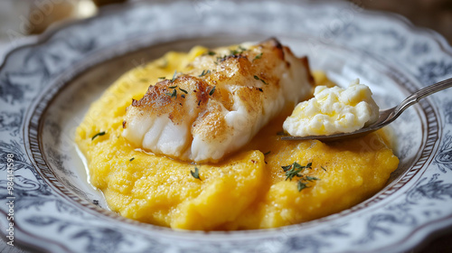  Polenta with mixed butter and chopped fresh sheep's curd, seasoned cod is placed on top of the polenta