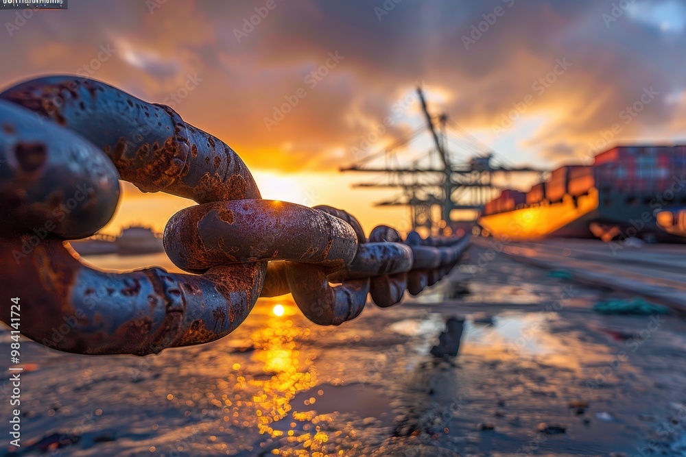Naklejka premium A chain is hanging from a pier and the sun is setting
