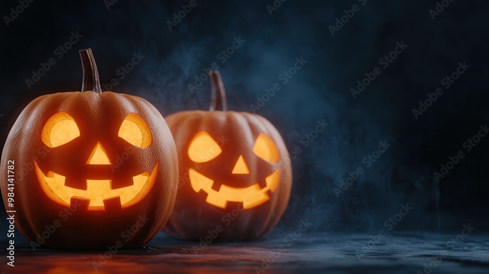 A spooky Halloween night scene featuring glowing jack-o'-lanterns amidst an eerie mist A spooky Halloween night scene featuring glowing jack-o'-lanterns amidst an eerie mist