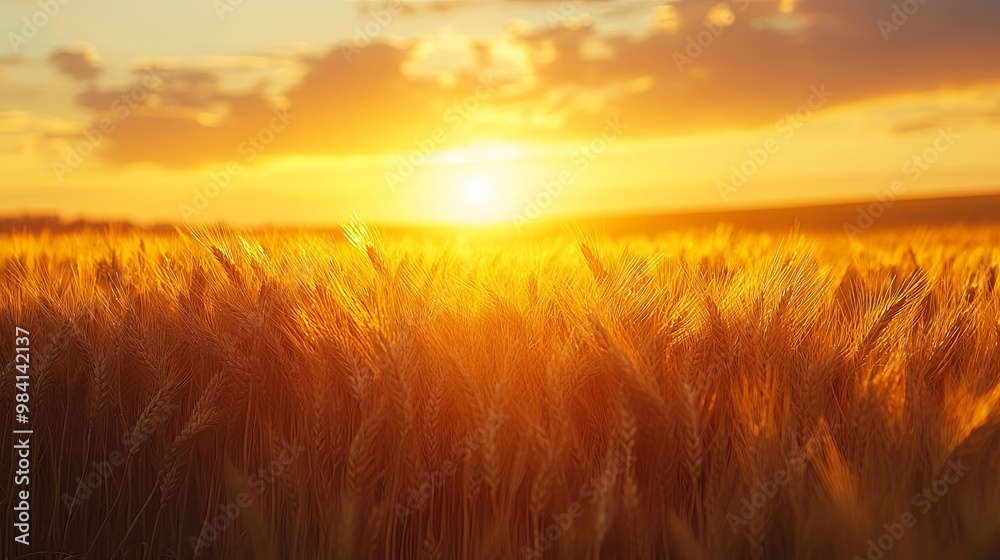 Vast wheat field swaying in the wind under a golden sunset