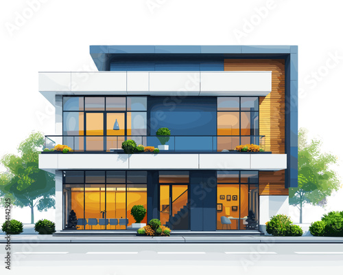 Vector illustration of a modern apartment building on a background of green trees