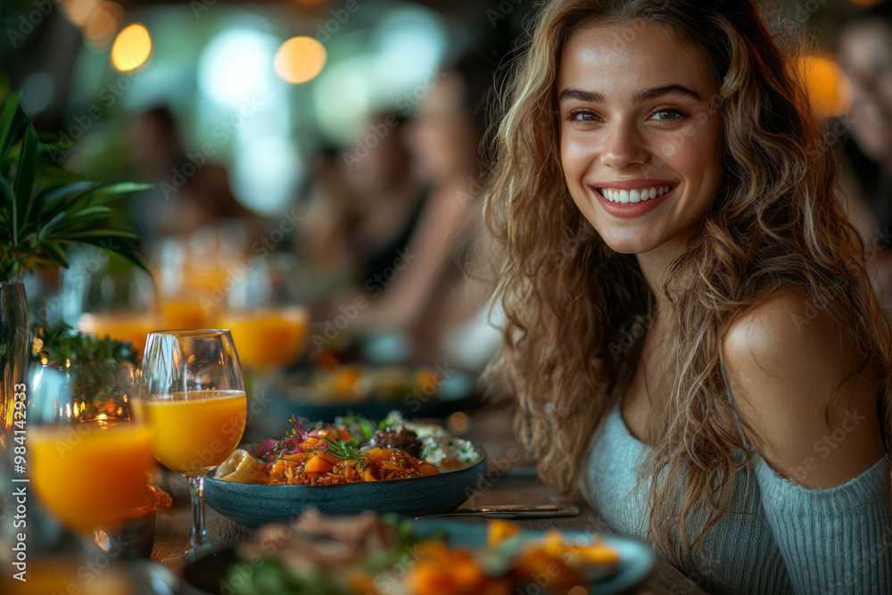 A group of friends enjoying brunch in a modern restaurant, A group of friends enjoying brunch in a modern restaurant,