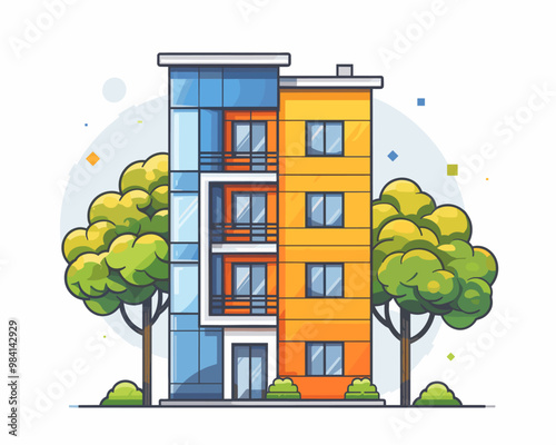 Modern apartment building with trees and bushes. Vector illustration in cartoon style.