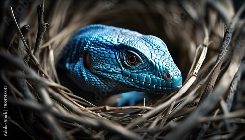 Dramatic wildlife scene featuring a blue lizard and a sharply focused birds nest photo