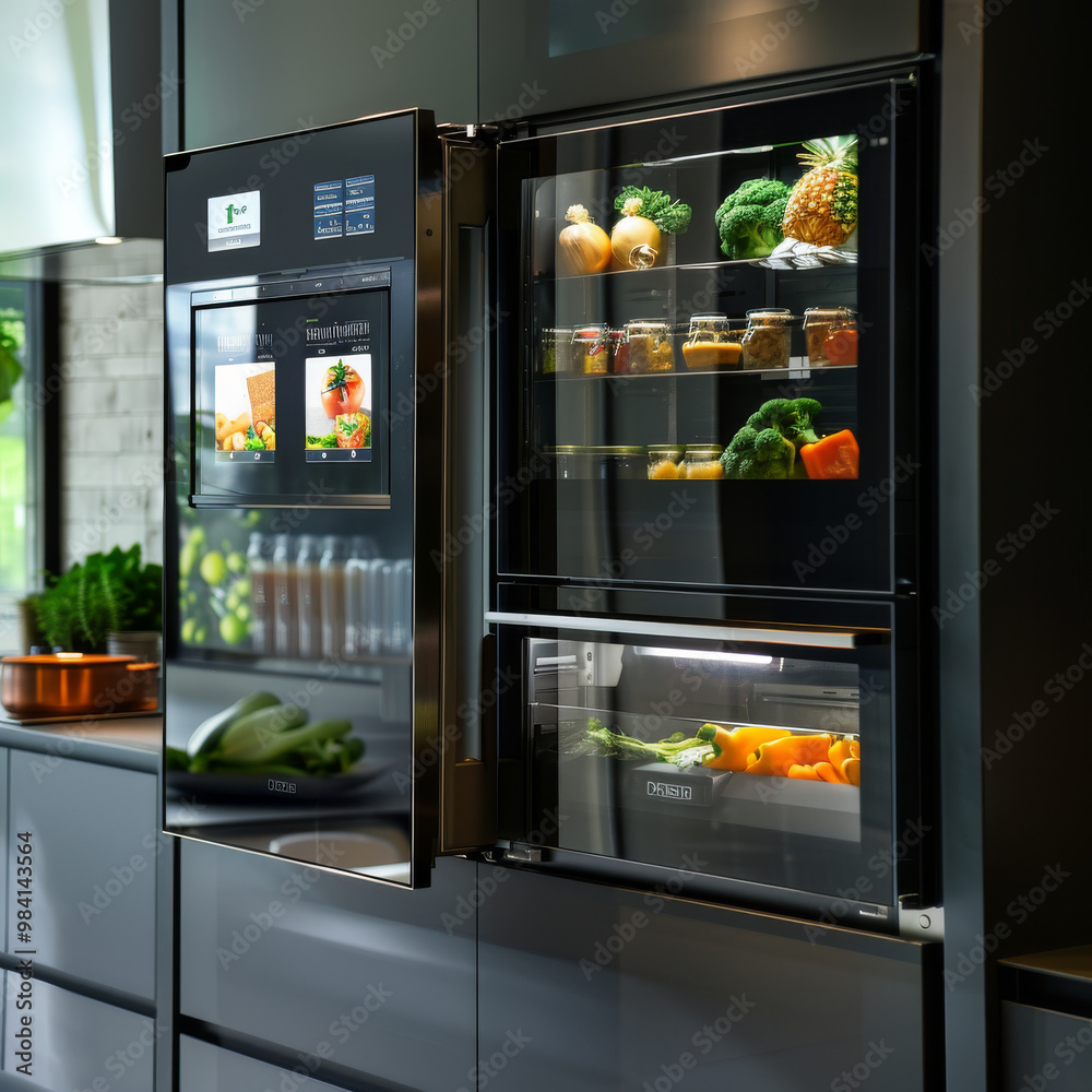 A sleek, futuristic smart fridge showcases variety of fresh produce and neatly organized jars, emphasizing modern kitchen design and functionality A sleek, futuristic smart fridge showcases variety of fresh produce and neatly organized jars, emphasizing modern kitchen design and functionality
