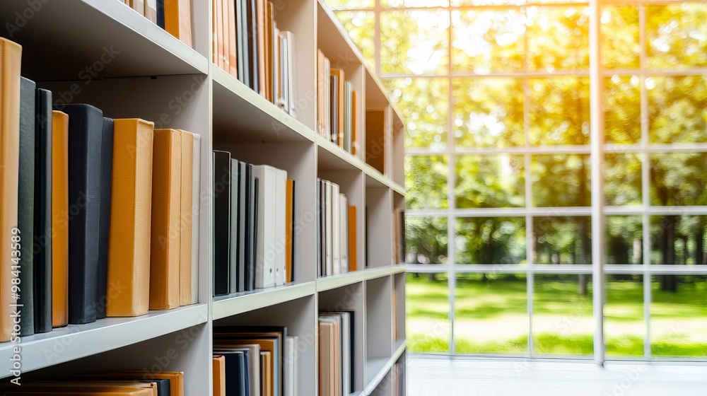 School Library Interior featuring geometric shelves with organized books in a bright School Library Interior featuring geometric shelves with organized books in a bright