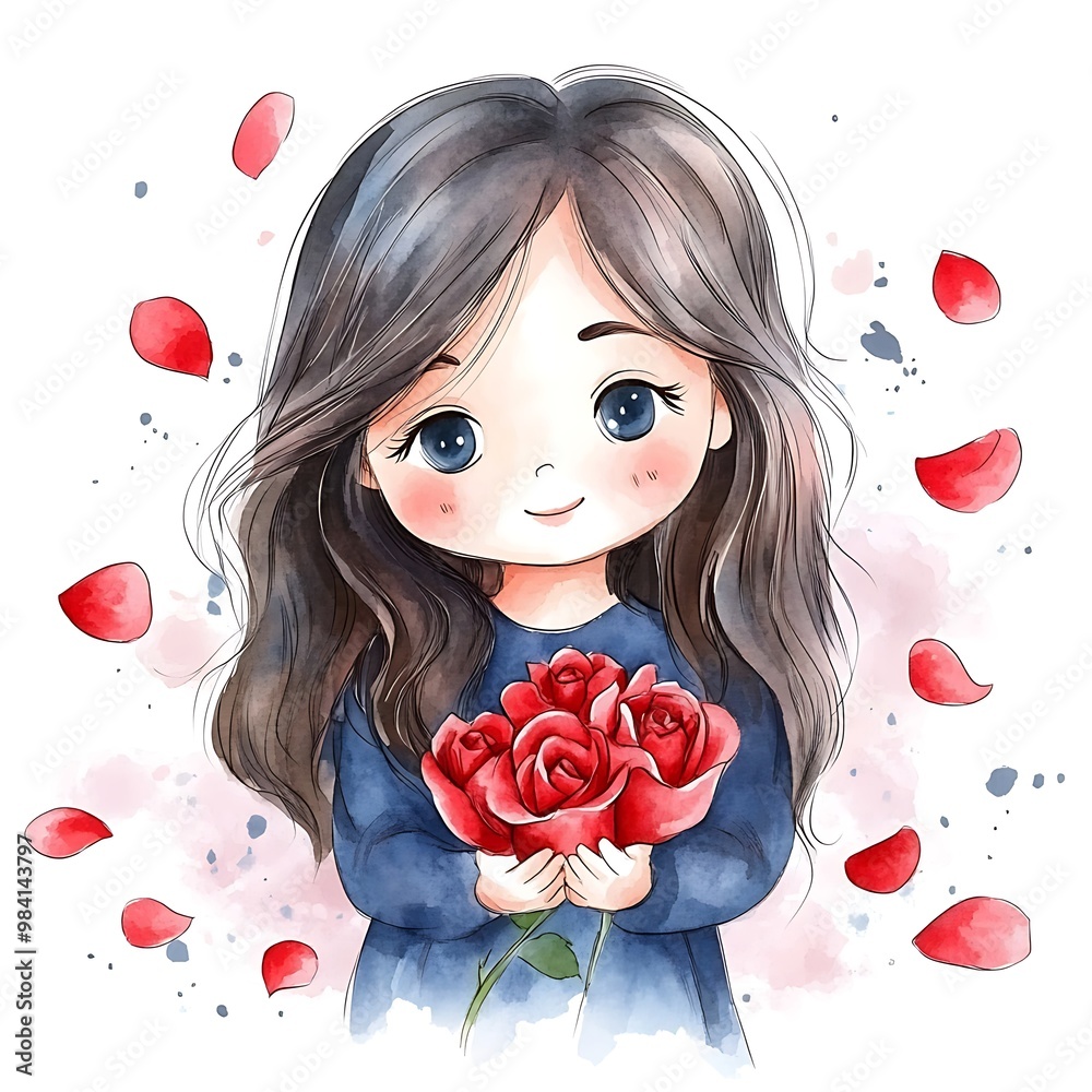 Watercolor illustration of a cute girl holding a bouquet of roses. Watercolor illustration of a cute girl holding a bouquet of roses.