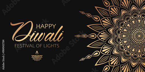Golden text Happy Diwali, festival of lights and abstract floral mandala on black background. Elegant banner design for hindu festival Diwali.