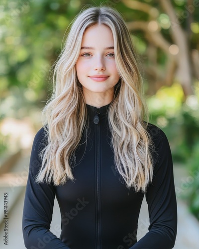 A young woman with long blonde hair smiles softly, wearing a black long-sleeved shirt against a green blurred background.