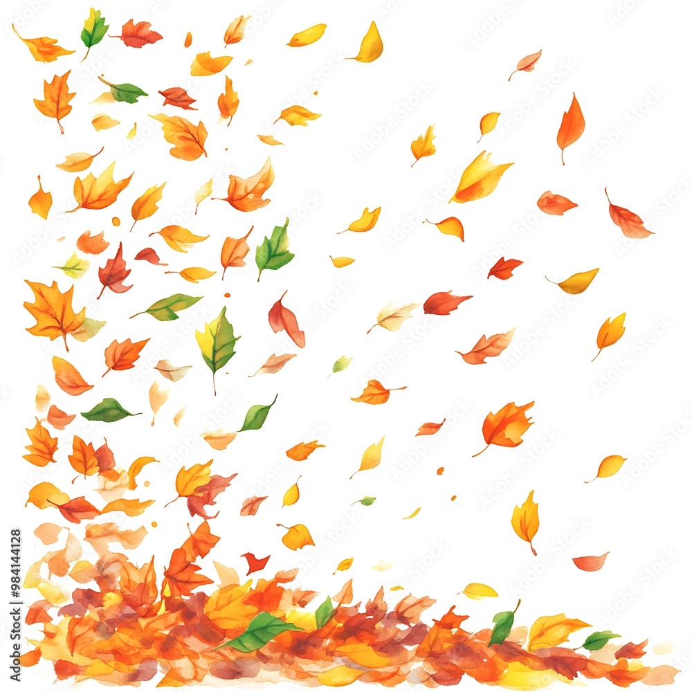 Watercolor illustration of autumn leaves falling and on the ground.
