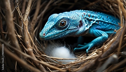 Dramatic wildlife scene featuring a blue lizard and a sharply focused birds nest photo