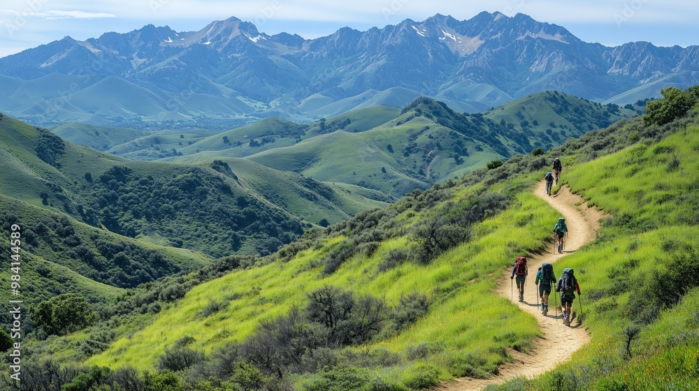 Mountain trail with hikers and scenic views of the valley generated AI Mountain trail with hikers and scenic views of the valley generated AI