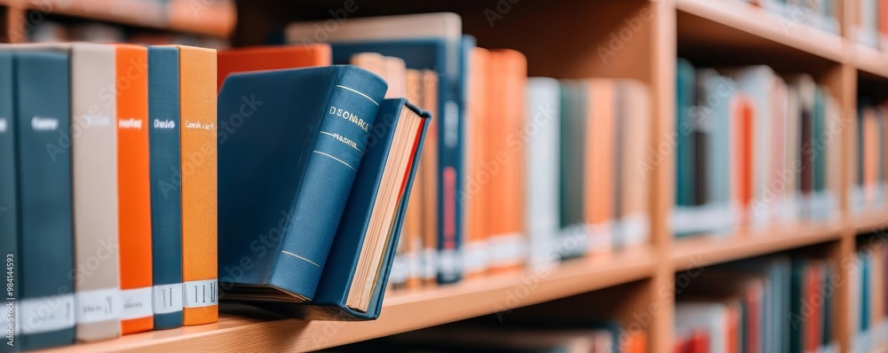 Fototapeta premium Library Books neatly arranged on well-organized wooden shelves
