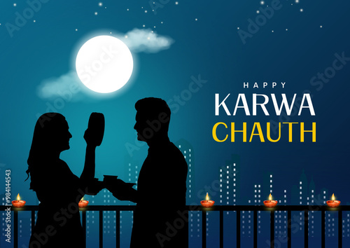 illustration of Indian Hindu Festival happy Karva Chauth background with couple doing Karwa Chauth. photo