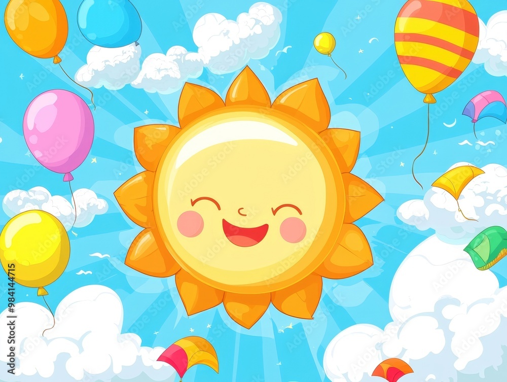 Cheerful Cartoon Sun and Balloons in Vibrant Sky Background Cheerful Cartoon Sun and Balloons in Vibrant Sky Background