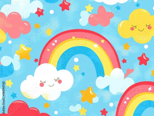 Cheerful Cartoon Style Background with Clouds Rainbows and Celestial Elements