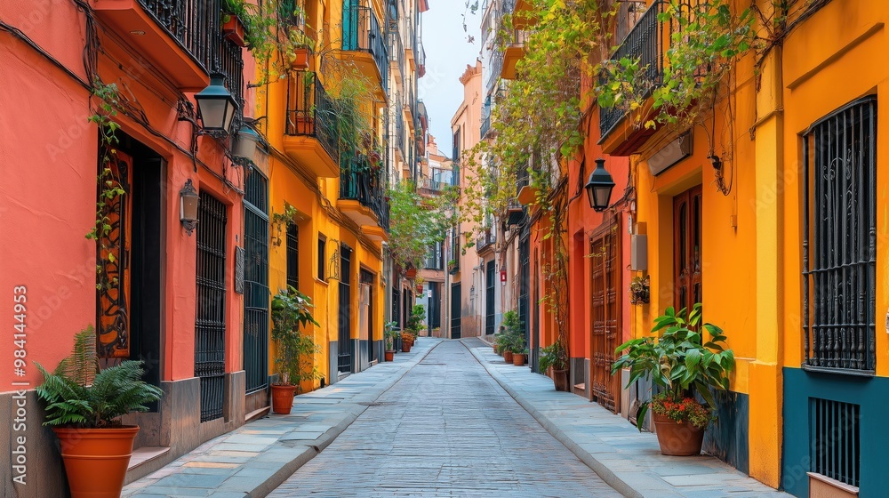 Obraz premium Narrow alleyway with colorful buildings and hanging plants generated AI
