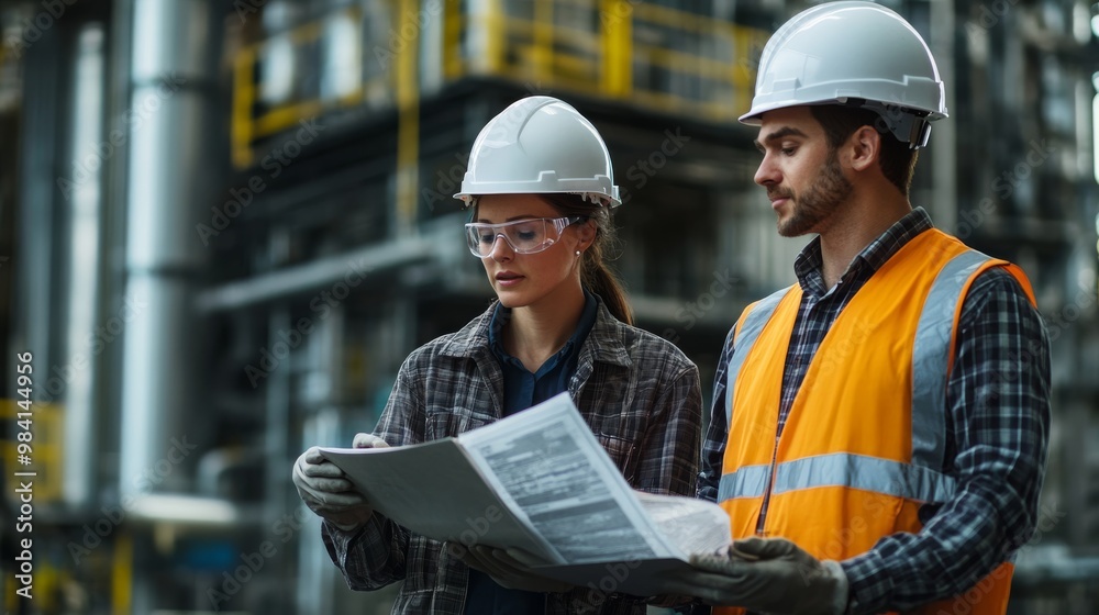 Oil refinery workers discussing operations at complex industrial piping systems. Oil refinery workers discussing operations at complex industrial piping systems.