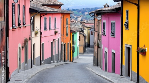 Narrow street in an old city with colorful houses generated AI