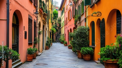 Narrow street in an old city with colorful houses generated AI