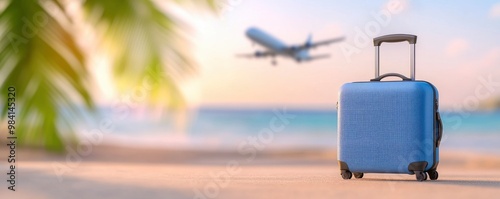 Travel vacation background with a luggage banner on the beach and a flying plane in the background.